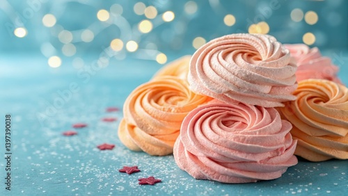 Dreamy pastel pink and orange bokeh swirl on a textured blue canvas, perfect for your text.