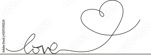 Heart continuous line drawing. Single hand drawn contour heart with word love for romance wedding celebration. 