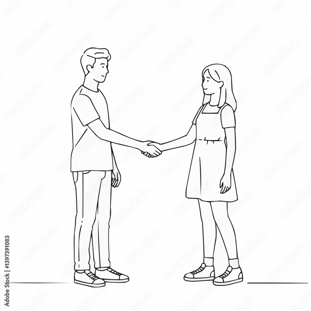Two teenagers shaking hands in a simple outline style Two teenagers shaking hands in a simple outline style