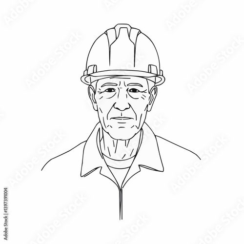 Elderly construction worker wearing safety helmet in sketch style  