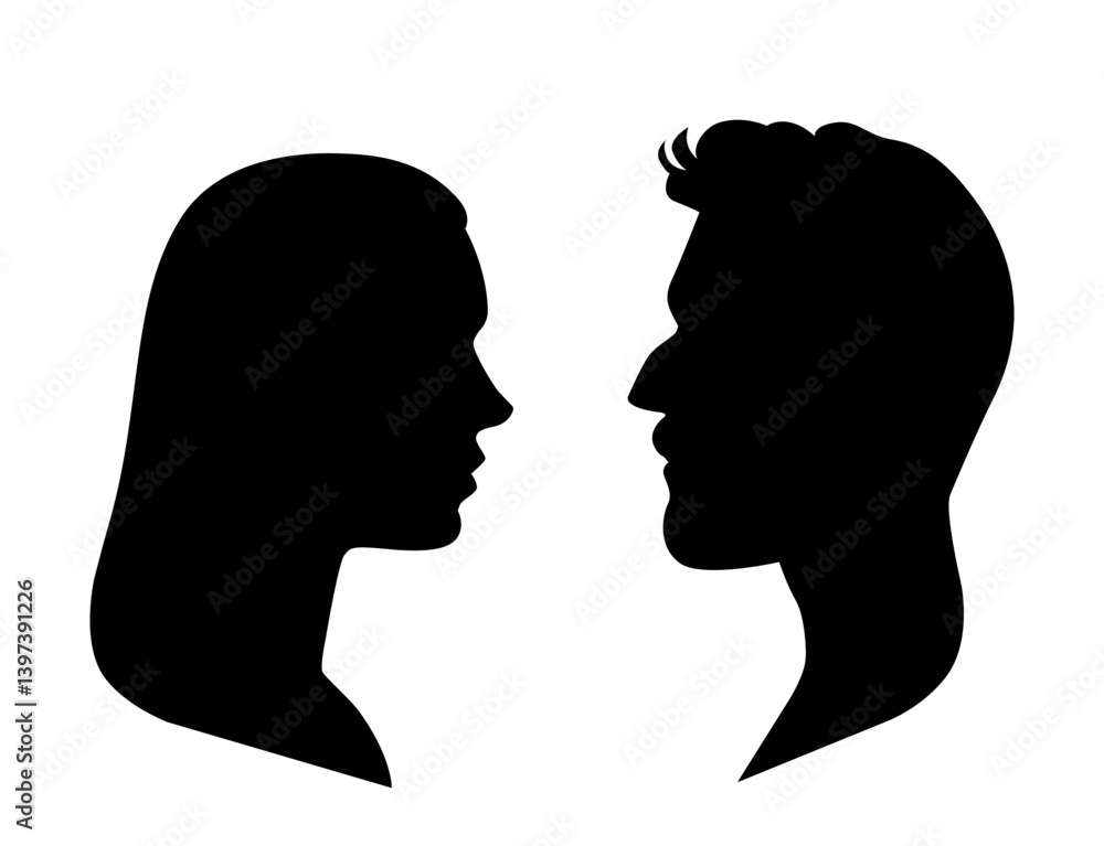 Fototapeta premium Beautiful vector head silhouette of man and woman facing each other.