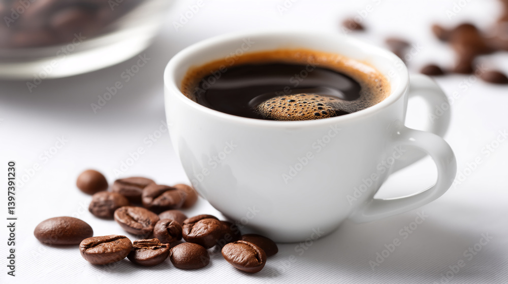 Close-up of espresso in white cup, brown coffee beans scattered nearby, suggesting morning energy and simple pleasure Close-up of espresso in white cup, brown coffee beans scattered nearby, suggesting morning energy and simple pleasure