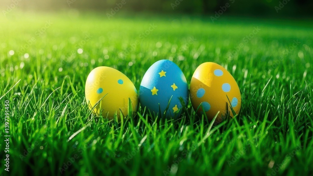 Easter eggs on green grass spring holiday painted eggs hunt Easter eggs on green grass spring holiday painted eggs hunt