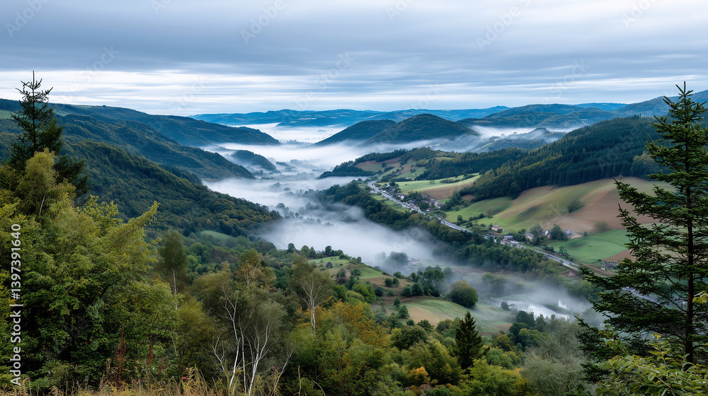 Fototapeta premium Foggy Valley with Rolling Hills and Trees