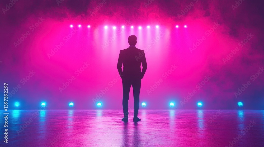 A man in a suit stands on a stage lit with pink and blue lights and smoke. Good for presenting business plans, speeches, or achieving success. A man in a suit stands on a stage lit with pink and blue lights and smoke. Good for presenting business plans, speeches, or achieving success.