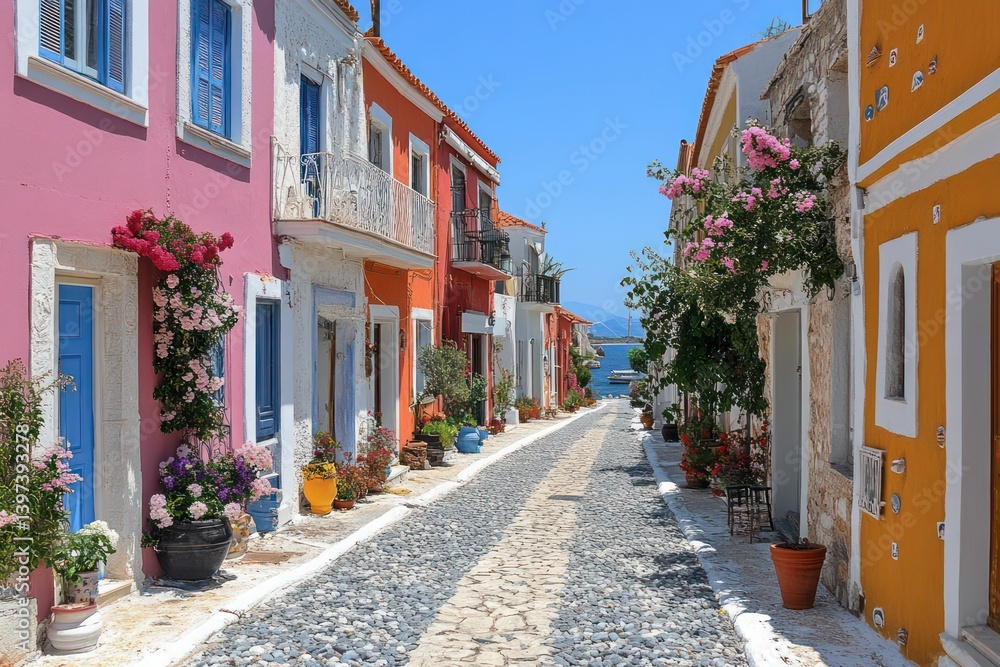 Fototapeta premium Colorful buildings line cobblestone street overlooking sea.