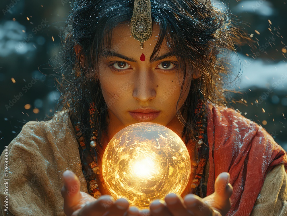 Naklejka premium Woman holds glowing sphere power magic snow