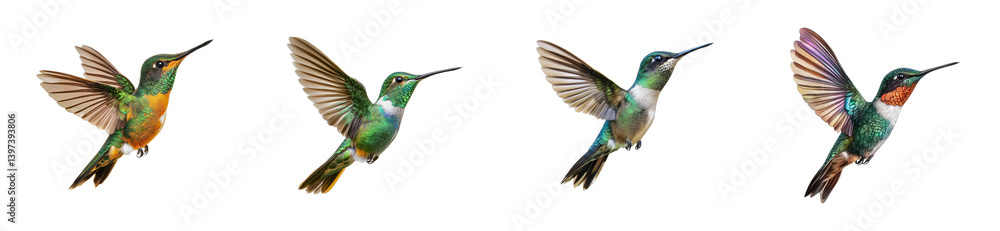 Obraz premium Captivating flight of colorful hummingbirds in mid-air, cut out - stock png