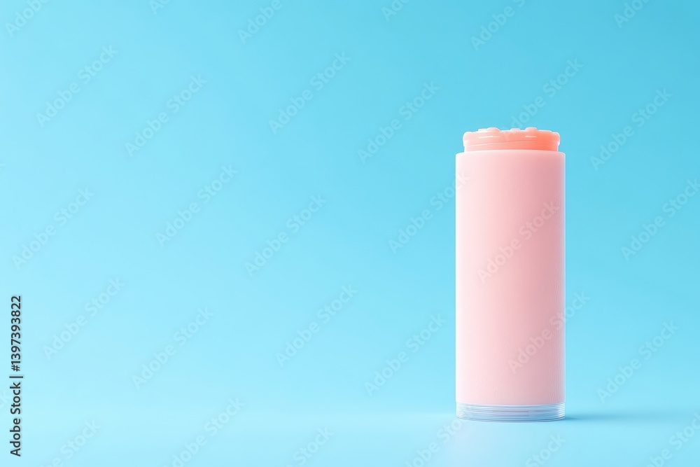 Pink lip balm, cylindrical container, on light blue background Pink lip balm, cylindrical container, on light blue background