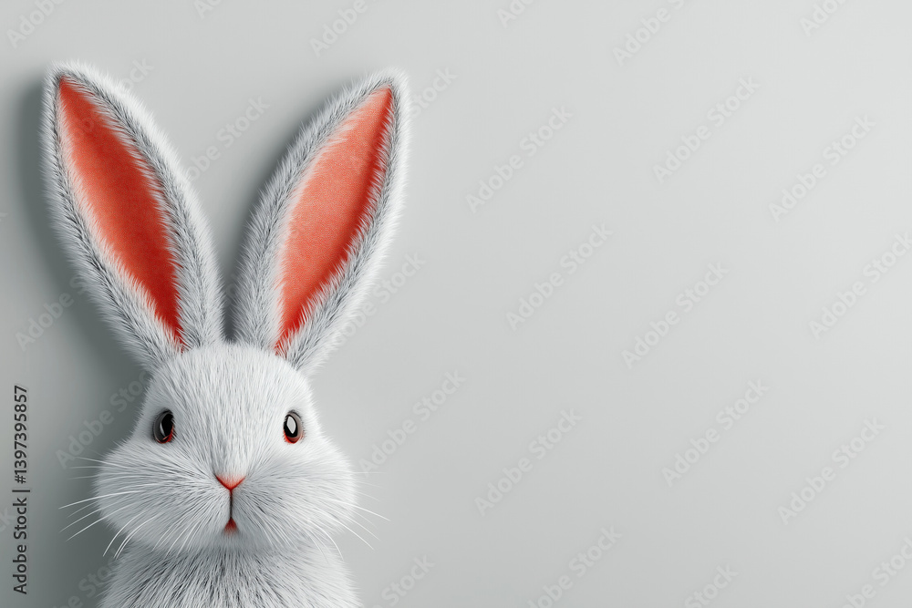 Cute white bunny with red ears looking forward on clean grey background, adorable rabbit character with fluffy fur Cute white bunny with red ears looking forward on clean grey background, adorable rabbit character with fluffy fur