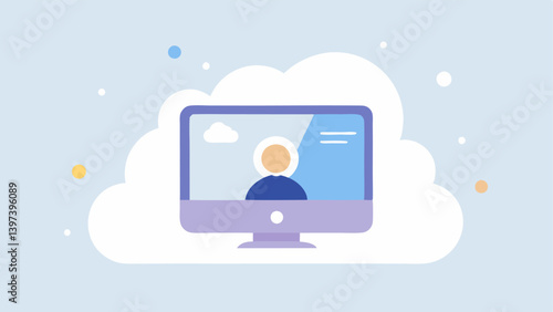 Tech in the Sky A closeup of a computer screen showing a video call interface with the outline of a persons figure in the foreground. The screen is resting on a cloud surrounded by