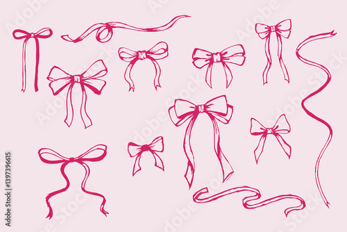 Pink Ribbon Bow Hand Drawn Set Collection