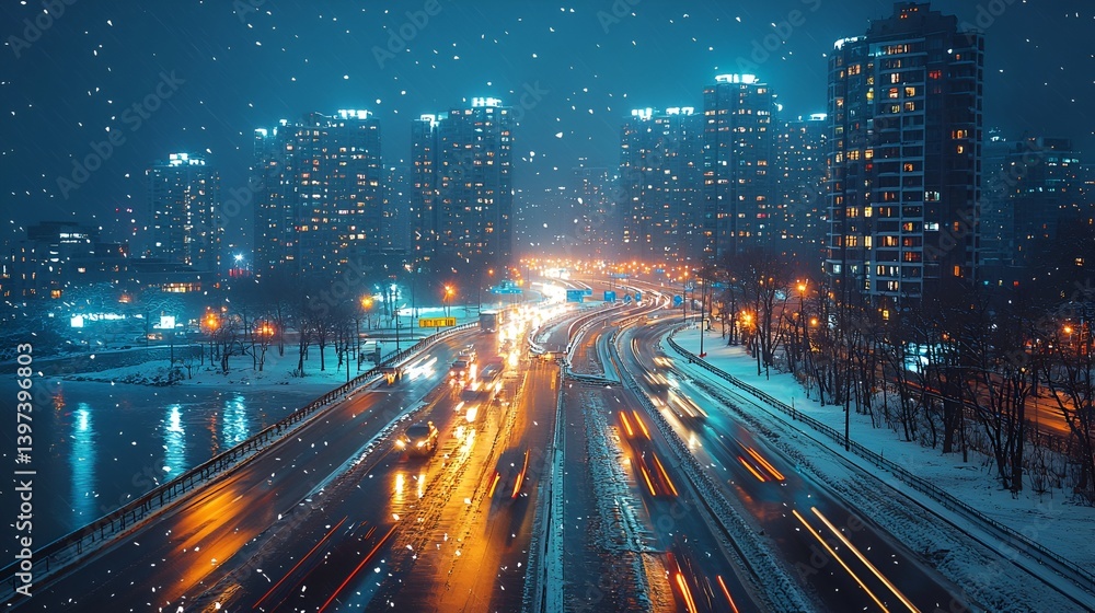 Fototapeta premium Night city highway snowfall traffic lights.
