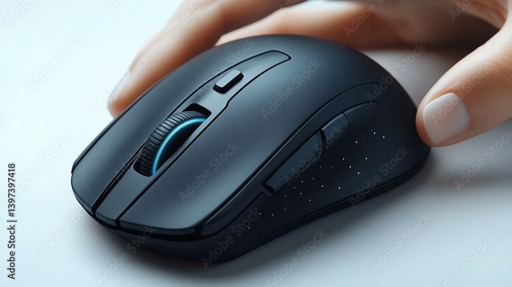 black ergonomic wireless mouse controlled by hand on white background black ergonomic wireless mouse controlled by hand on white background
