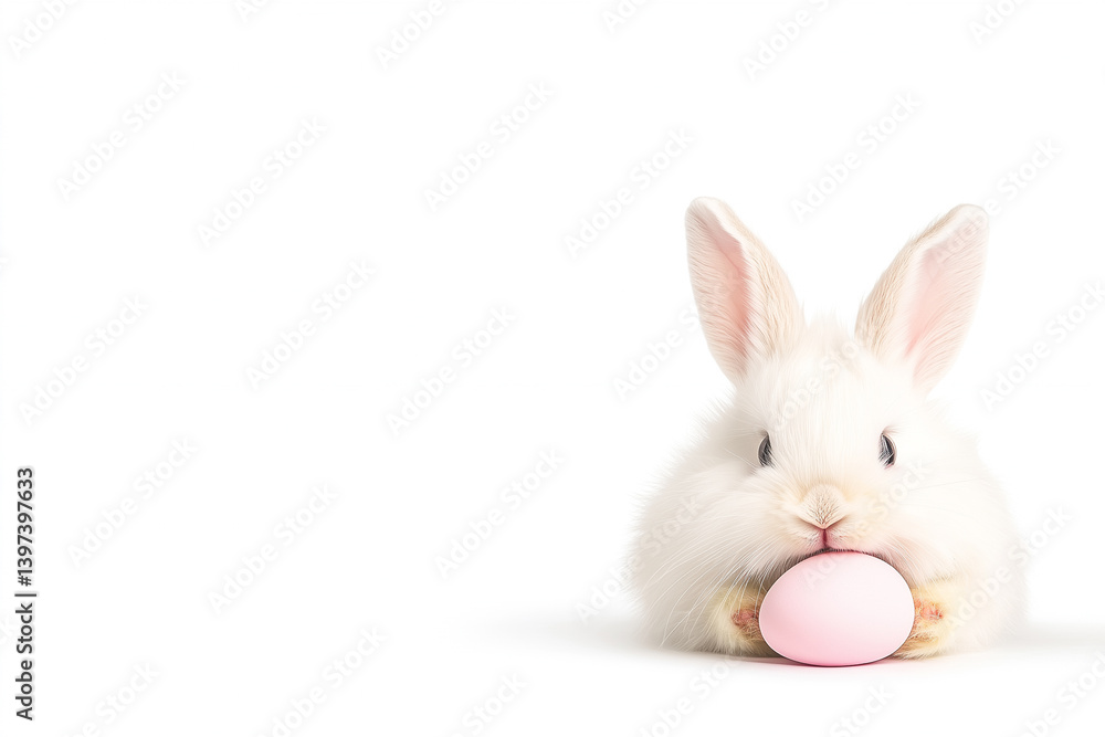 Obraz premium Fluffy white baby bunny holding soft pink Easter egg on clean white background, minimal spring holiday theme