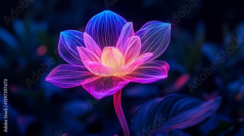 A vibrant, neon-inspired illustration of a lotus flower, showcasing intricate lines and a colorful glow against a dark background.