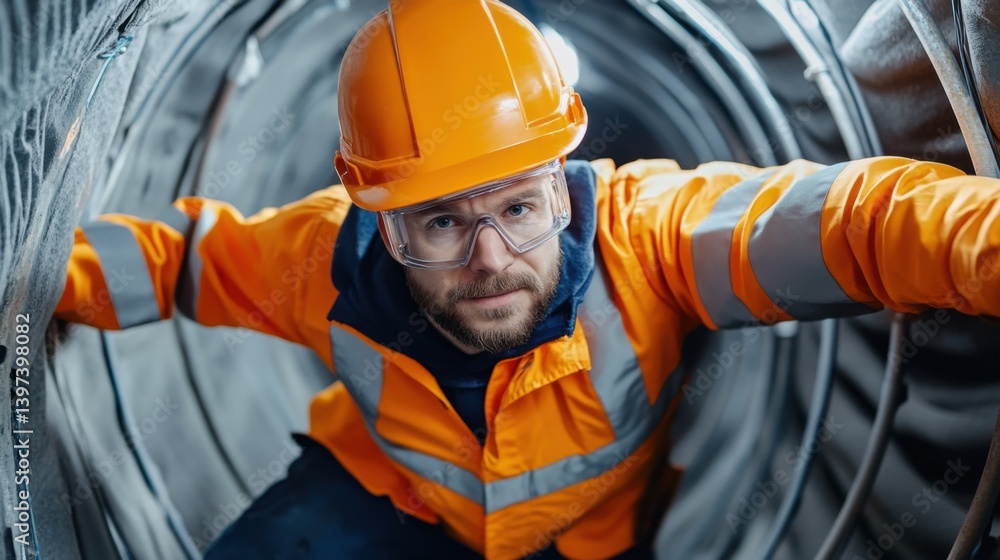 Construction Worker in Safety Gear Navigating Underground Tunnel with Caution and Focus Amidst Industrial Environment Construction Worker in Safety Gear Navigating Underground Tunnel with Caution and Focus Amidst Industrial Environment