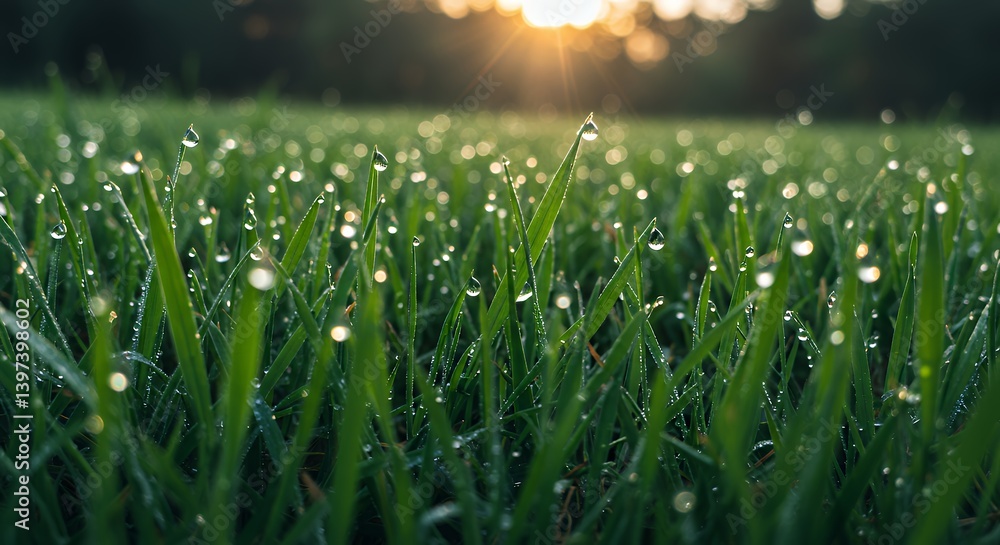 Fototapeta premium Grass Blades Sparkling with Morning Dew in Golden Sunlight