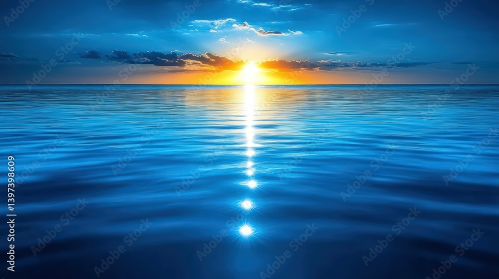Obraz premium Blue ocean reflects a brilliant setting sun.