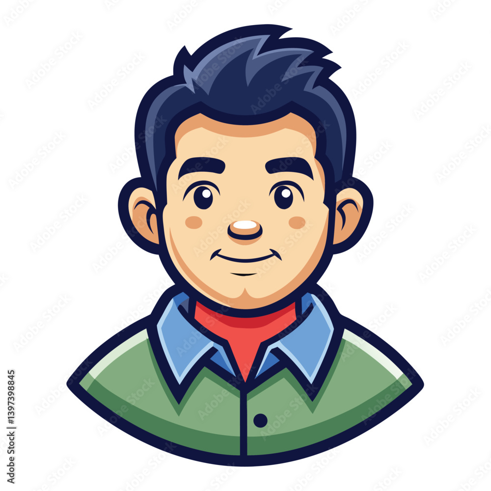 Cartoon Portrait of Cheerful Asian Boy with Green Shirt and Blue Collar Design Cartoon Portrait of Cheerful Asian Boy with Green Shirt and Blue Collar Design