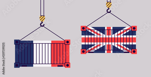 Cargo containers isolated. Freight shipping box hanging on crane hook. Flat style vector illustration. France and England flags. International import and export trade.
