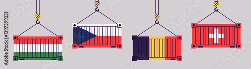 Cargo containers isolated. Freight shipping box hanging on crane hook. Flat style vector illustration. Hungary, Czechia, Romania, Switzerland flags. International import and export trade.