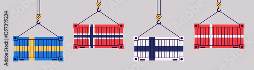 Cargo containers isolated. Freight shipping box hanging on crane hook. Flat style vector illustration. Sweden, Norway, Finland, Denmark flags. International import and export trade.