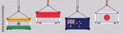 Cargo containers isolated. Freight shipping box hanging on crane hook. Flat style vector illustration. India, Indonesia, Australia, Japan flags. International import and export trade.