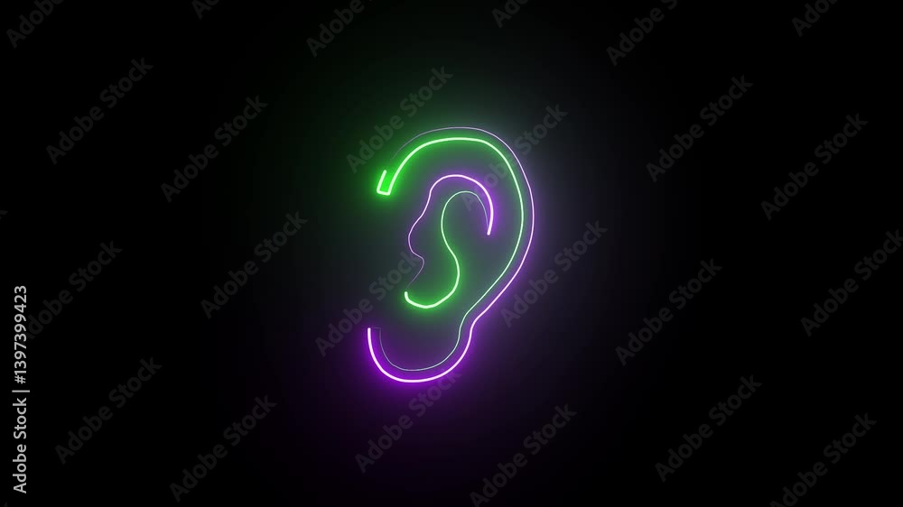 Abstract neon glow Ear icon animation on black background. 4k video motion Abstract neon glow Ear icon animation on black background. 4k video motion