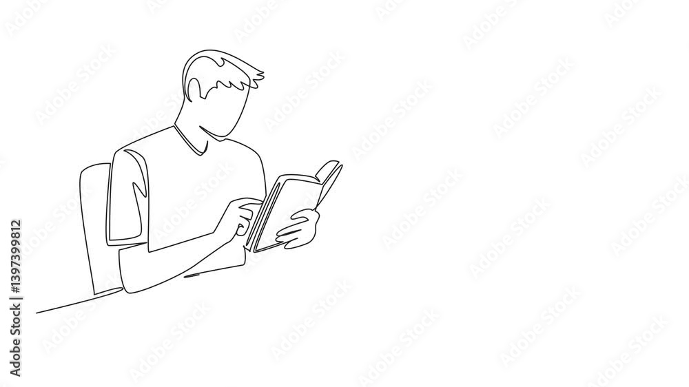 Animation of single one line drawing man sitting holding a book and there is a typewriter with paper on it. Binding knowledge by taking notes. Writer. Wordsmith Day. Full length motion Animation of single one line drawing man sitting holding a book and there is a typewriter with paper on it. Binding knowledge by taking notes. Writer. Wordsmith Day. Full length motion