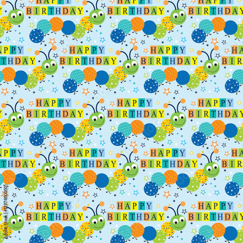 Birthday pattern with lettering, worm and balloons