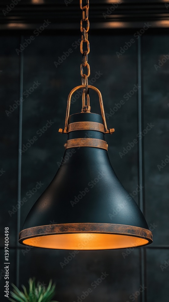 Obraz premium Black Metal Pendant Lamp with Gold Accents Against Dark Wall