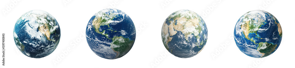 Four different views of earth highlighting continents and oceans from space, cut out - stock png Four different views of earth highlighting continents and oceans from space, cut out - stock png