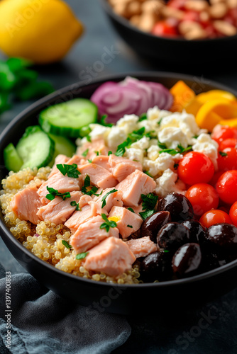 Mediterranean Salmon Power Bowl with Quinoa and Olives