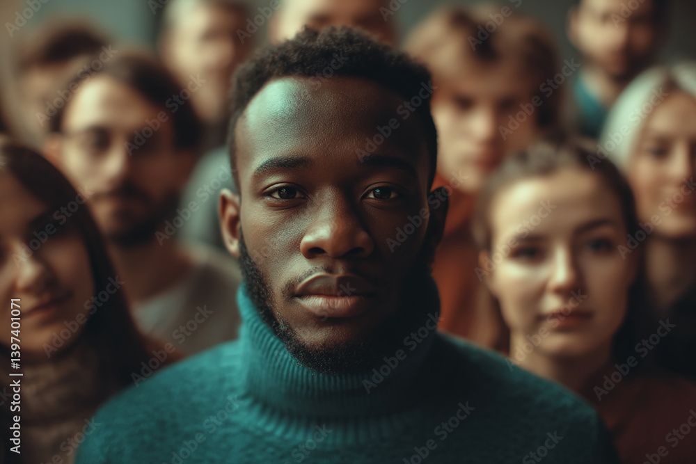 Fototapeta premium Close-up of a young Black man's face, surrounded by blurred faces of diverse people, conveying unity and togetherness, symbolizing inclusion and social harmony