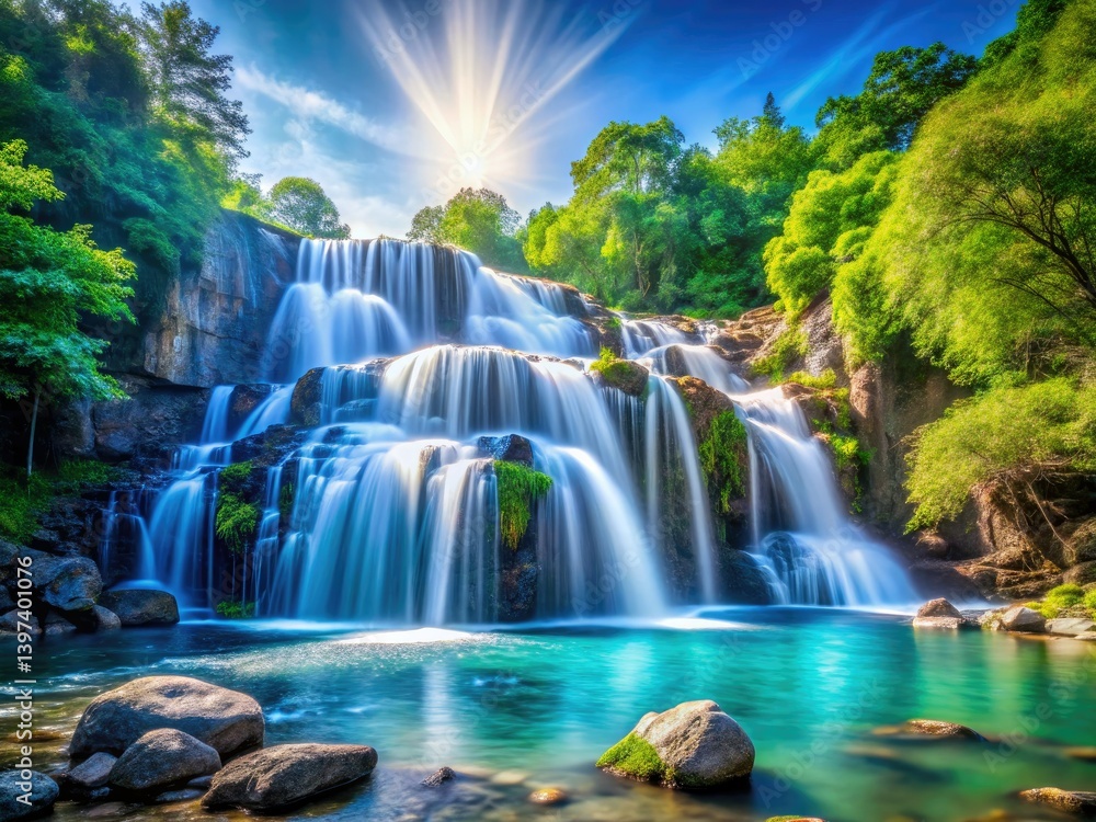 Obraz premium High-resolution image: A pristine waterfall cascades against a stark white backdrop, showcasing nature's purity.