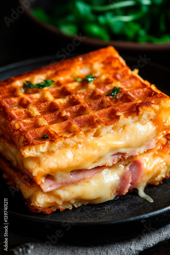 Melted Cheese Ham Panini Pressed in Waffle Maker