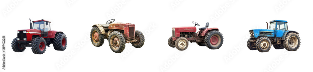 Obraz premium Vintage and modern tractors showcase: red and blue agriculture machines, cut out - stock png