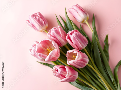 Obraz na płótnie Pink tulip bouquet on soft pastel background, ideal for spring or floral themes. Generative AI w salonie