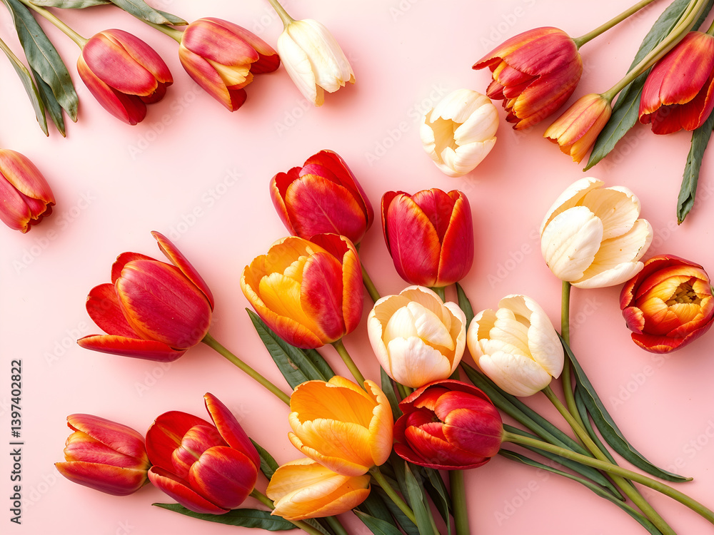 Mixed tulips in vivid red, orange and cream scattered over pastel background, evoking springtime vibes. Generative AI