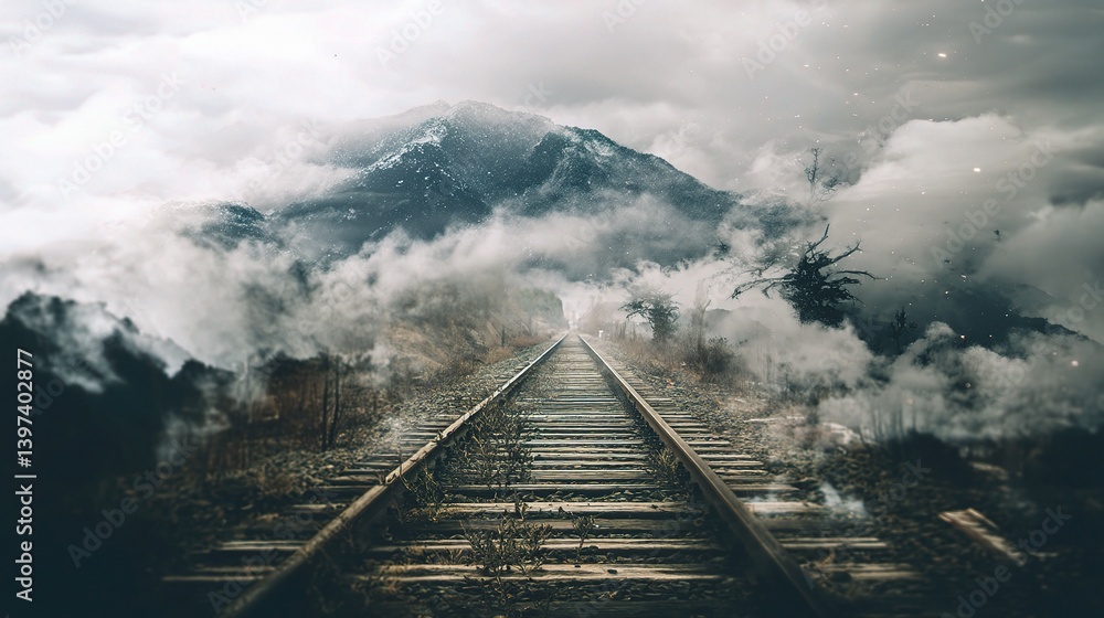 Fototapeta premium Ethereal Double Exposure of Abandoned Railroad Tracks in Fog