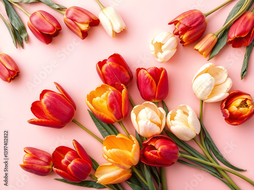 Obraz na płótnie Mixed tulips in vivid red, orange and cream scattered over pastel background, evoking springtime vibes. Generative AI w salonie