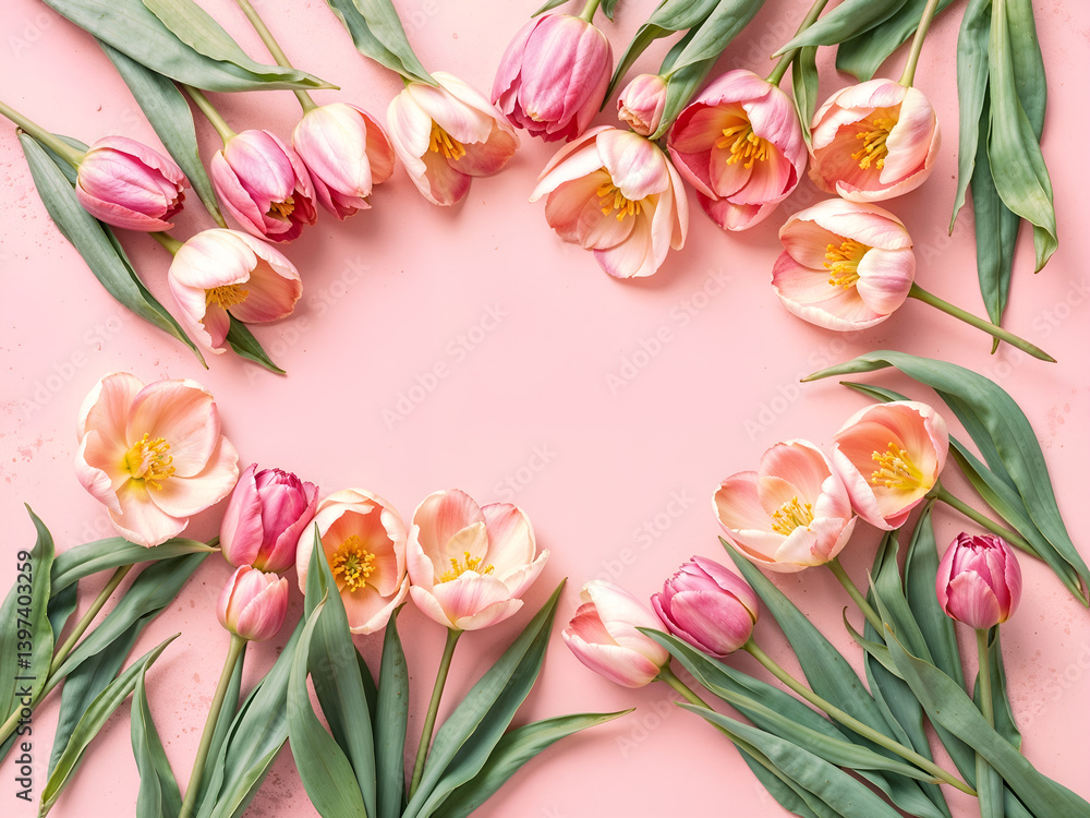 Heart-shaped arrangement of pink tulips on soft pastel background, symbolizing love and spring. Generative AI