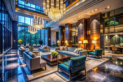 Wallpaper Mural Moody lighting illuminates a sumptuous lobby; modern sofas and armchairs offer comfortable, surreal seating. Torontodigital.ca