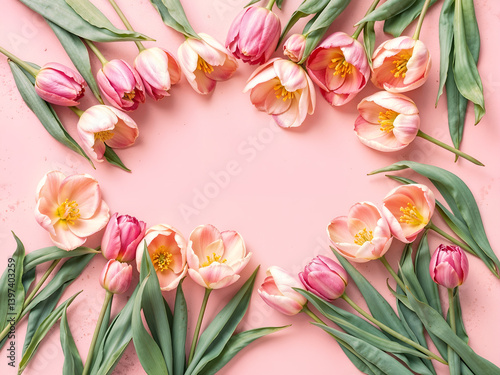Obraz na płótnie Heart-shaped arrangement of pink tulips on soft pastel background, symbolizing love and spring. Generative AI w salonie