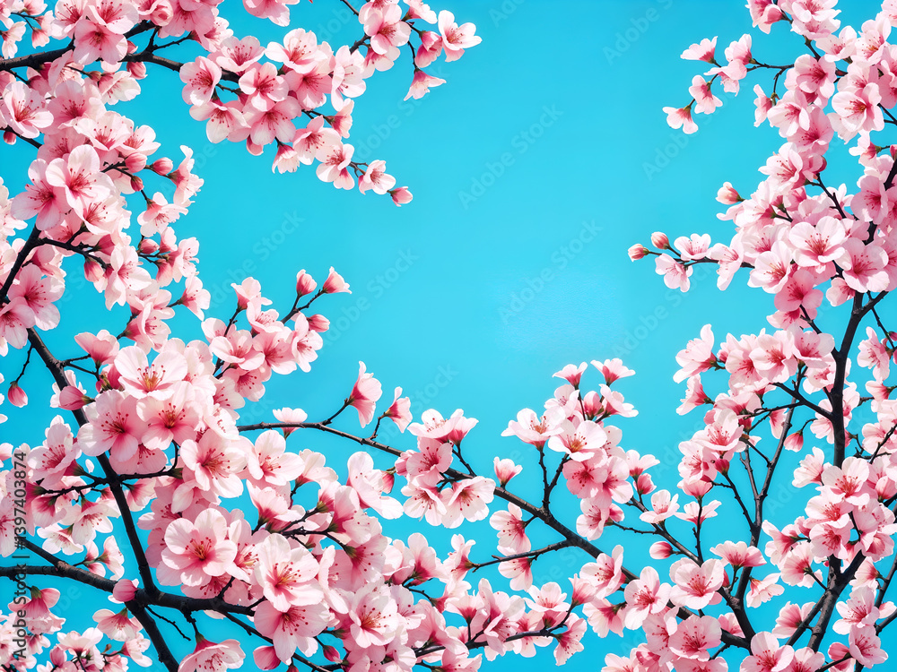Pink cherry blossoms in full bloom against vibrant blue sky, representing spring and renewal. Generative AI