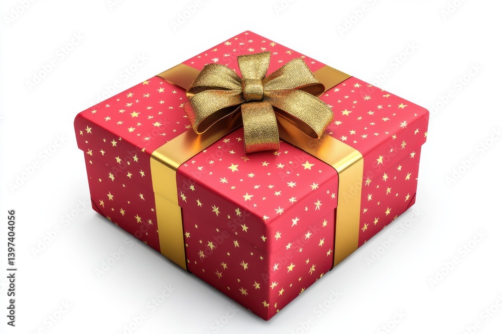 Close up of a red present with gold stars and ribbon isolated on white background Close up of a red present with gold stars and ribbon isolated on white background