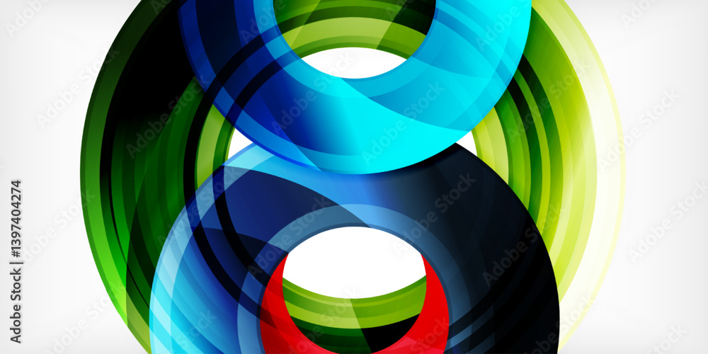 Abstract design features layered circular shapes. Vibrant blue, green, red hues create dynamic visual effect. Smooth gradients suggest movement, depth. Modern, clean aesthetic. Abstract design features layered circular shapes. Vibrant blue, green, red hues create dynamic visual effect. Smooth gradients suggest movement, depth. Modern, clean aesthetic.