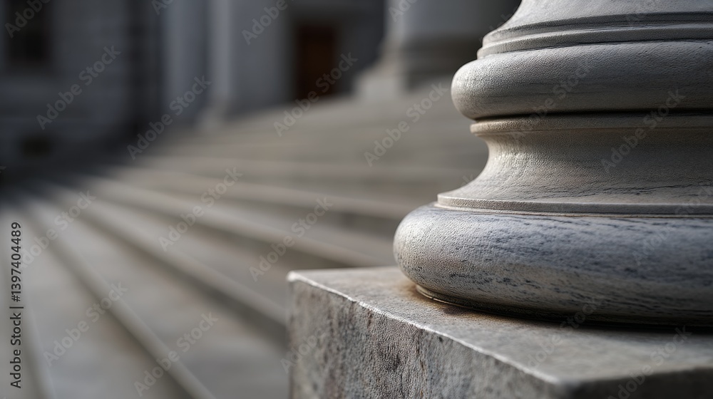 Majestic stone column base with intricate carvings, leading to grand steps of a historical building, exuding classic architectural elegance.