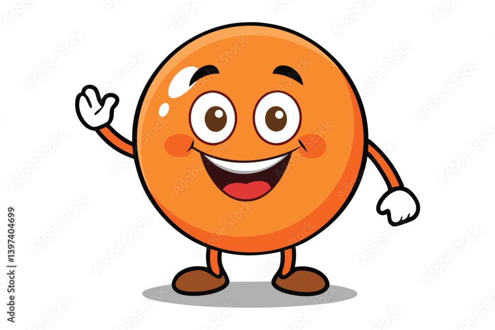 Fototapeta premium Cartoon Round Character with Big Smile, Waving Hand, Orange Color, and Brown Shoes